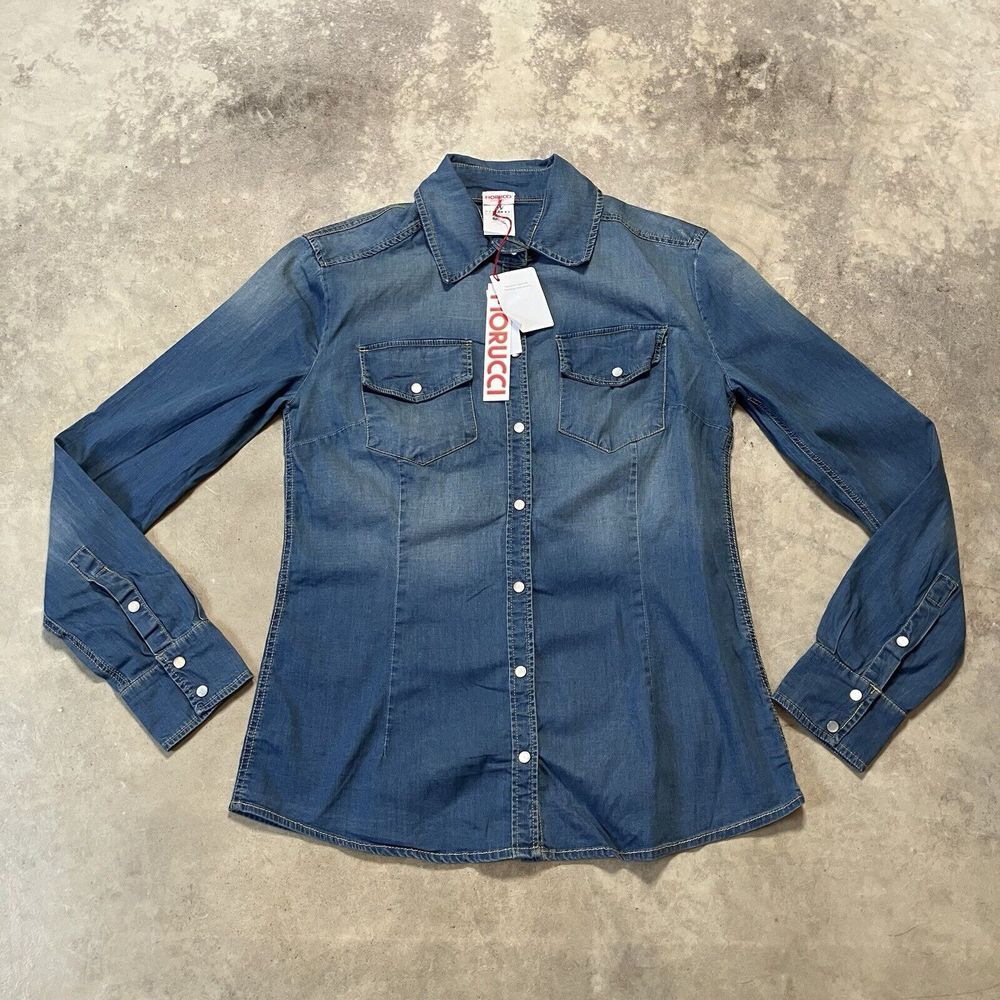 Fiorucci Shirt Womens XL Blue‎ Camicia Button Down Cotton Classic Retro